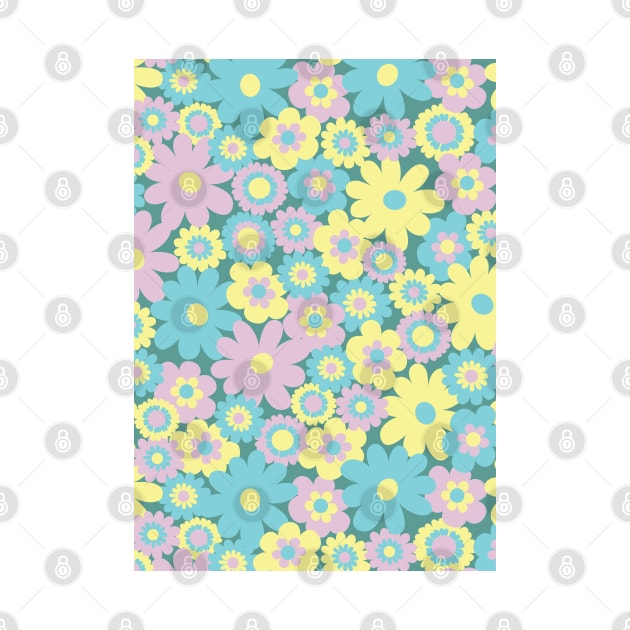 80s pastel retro flowers, pastel pink, pastel green, pastel yellow, lilac, 60s retro pattern, groovy florals by blomastudios