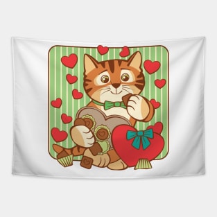 Valentine Cat Heart Chocolate Tapestry