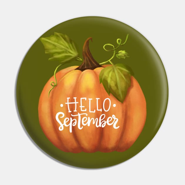 Hello September Fall Season Pumpkin Back to School Pin by BellaPixel