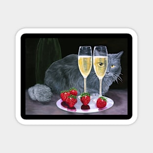 Long Haired Gray Cat with Sparkling Wine and Strawberries Magnet