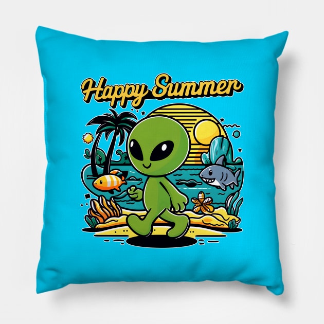 Happy summer aliens in the beach in vintage retro style Pillow by KENG 51