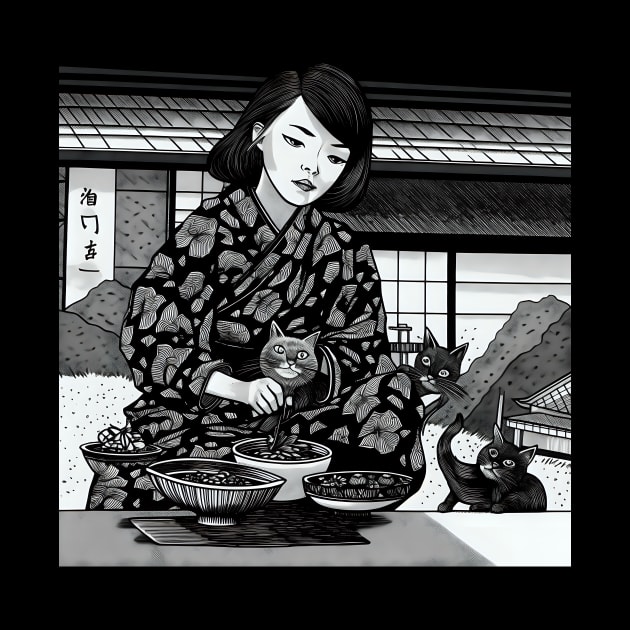 Asian woman feeding cats by KOTYA