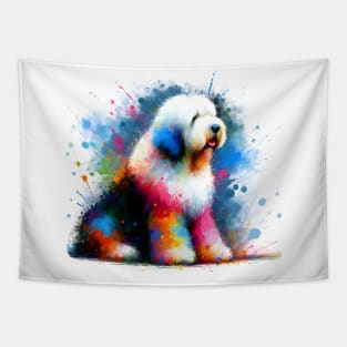 Colorful Abstract Old English Sheepdog Splashed Art Tapestry