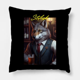 Wild And Classy Barkeeper Wolf In A Suit - Unique Wildlife Art Print For Fashion Lovers Pillow
