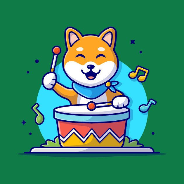 Cute Dog Playing Drum with Stick, Tune and Notes of Music Cartoon Vector Icon Illustration by Catalyst Labs
