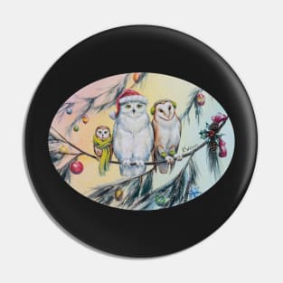 Owl Trio and Christmas Baubles in Fir Trees Pin