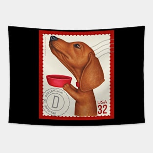 Cute dachshund wants another treat on vintage stamp Tapestry