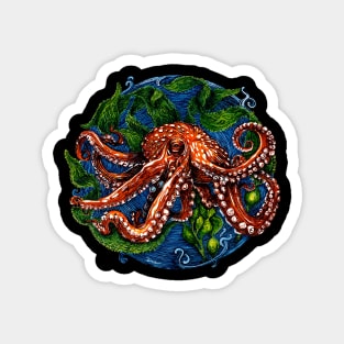 Giant Pacific Octopus in kelp color ink drawing Magnet