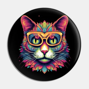 Colorful Cat with Glasses Illustration Pin