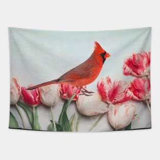 Northern Cardinal in the Tulip Flower Patch Tapestry