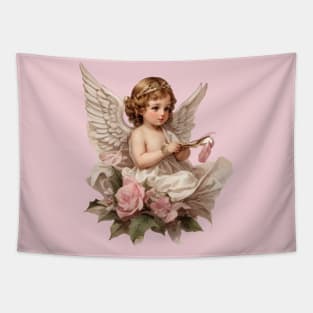 Vintage Pink Baby Christmas Angel with Roses Tapestry