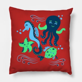 Aqua ocean animals - sea horse, star fish, octopus, fish Pillow