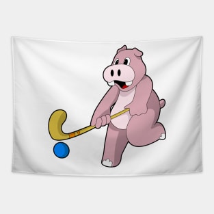 Hippo at Hockey with Hockey bat Tapestry