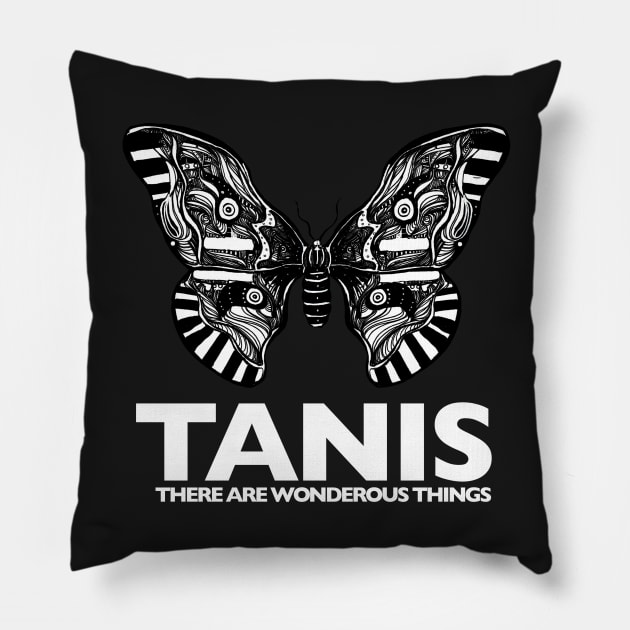 Tanis Moth (white letters) by Gareth A. Hopkins (grthink) Pillow by Public Radio Alliance