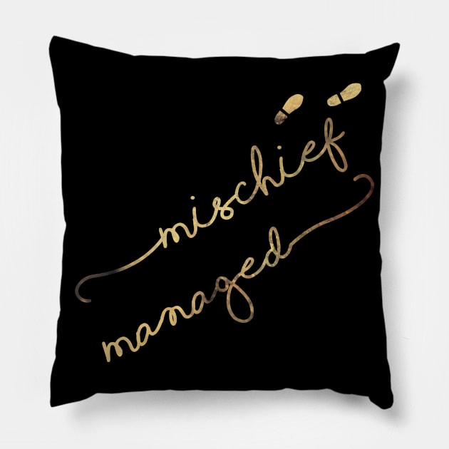 Mischief Managed (black) Pillow by rainilyahead