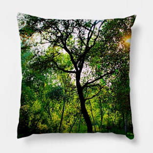 Wonderful curved tree surrounded with lush greenery Pillow