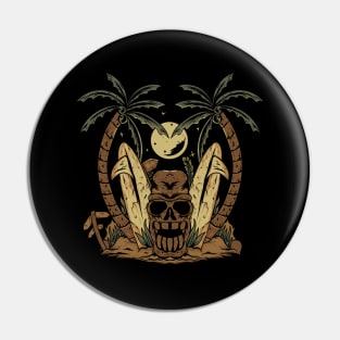 Tiki skull surfer palm trees beach .Hallloween Pin