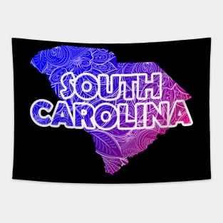 Colorful mandala art map of South Carolina with text in blue and violet Tapestry