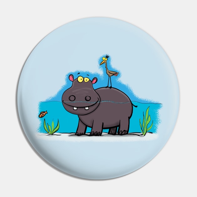 Cute hippo in the river with bird cartoon Pin by FrogFactory