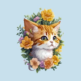 Feline Charm and Blooming Beauty Little Cat With Flowers T-Shirt