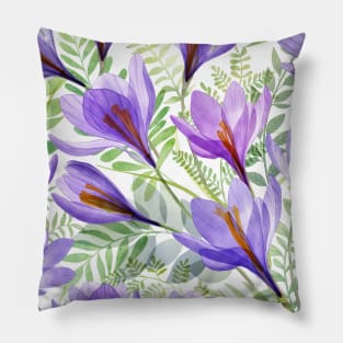 Crocus transparent flowers and green spring leaves composition. Watercolor translucent Saffron Crocus blossom Pillow