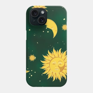 Sun moon stars sky green pattern aesthetic witchcore whimsigothic retro Phone Case