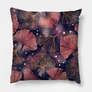 Watercolor Golden Ginko Leaves on Dark Blue Pillow