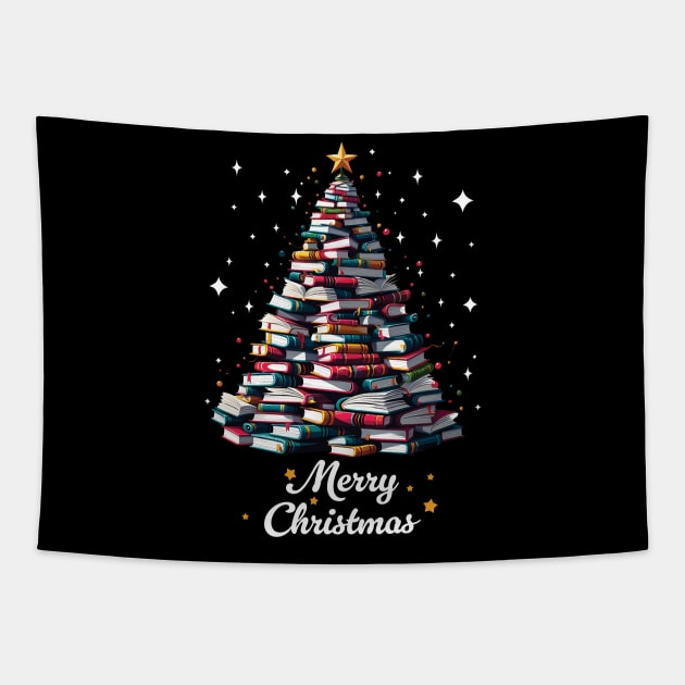 Merry Christmas Library Cute Book Tree Book Lover Librarian Tapestry by Schoenberger Willard