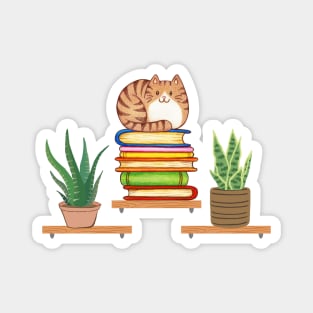 Plants, Cats And Books - Bookish Cat Aesthetic - Cat On A Bookshelf Magnet
