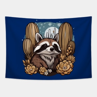 Cute Arizona Ring-tailed Cat Surrounded by White Cacti Blossom Tapestry