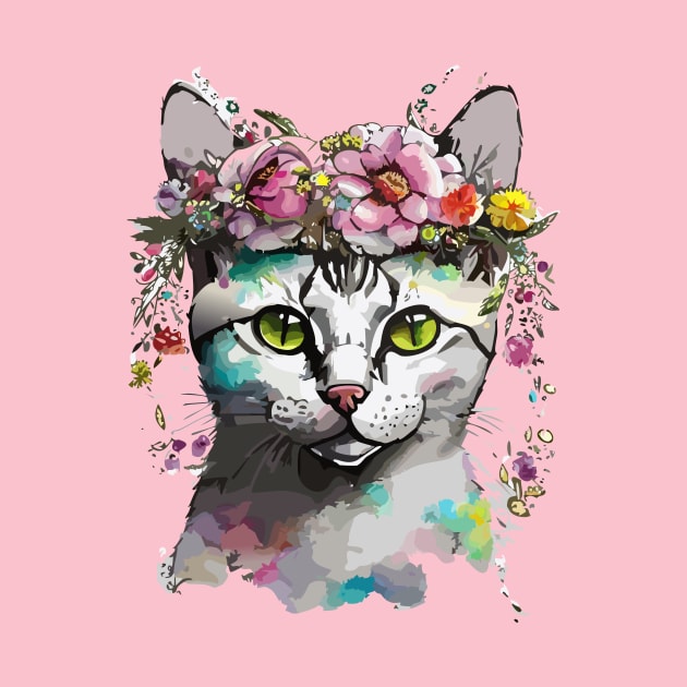 Floral Portrait of a Silver Tabby Cat by DestructoKitty