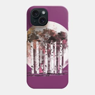 Purple shades Big full moon lights up a dream forest and a beautiful fox, birchs watercolor Phone Case