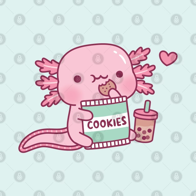 Cute Axolotl Snack On Cookies And Bubble Tea by rustydoodle