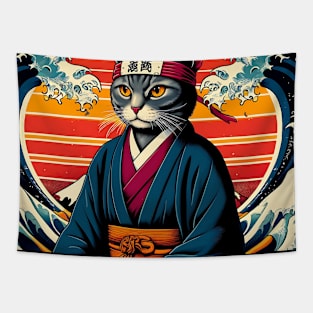 Vaporwave Samurai Cat Great Wave Off Kanagawa Tapestry