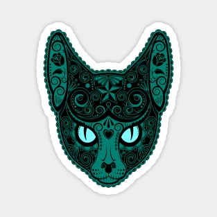 Decorated Teal Blue Sugar Skull Cat Magnet