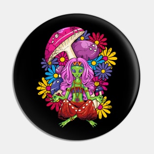 Hippie Alien Girl Yoga Meditate Mushrooms Psychedelic Pin