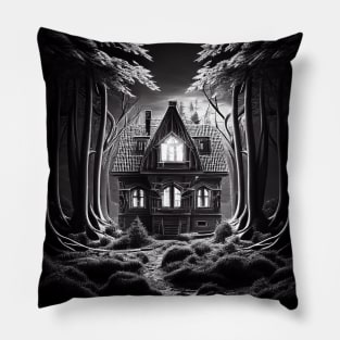 Scary house standing alone in dark forest Pillow