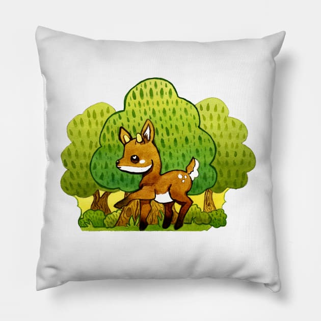 Baby Fawn Watercolor Pillow by Doodleholic