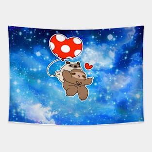 Heart Balloon Sloth and Pug - Night Sky Tapestry