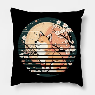 Shiba Inu Dog, Retro Sunset Style, Cherry Blossom, Japanese Pillow