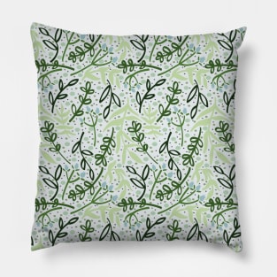 Botanicals and Dots - Hand Drawn Design -Light Green, Dark Green, and Ice Blue Pillow