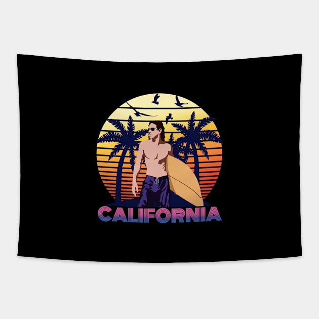 Summer Retro Sunset Beach, California Surfer, Surfing Sports Holiday Gift For Men, Women & Kids Tapestry by Art Like Wow Designs