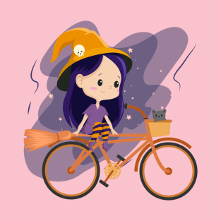 Cute Cartoon Witch Riding a Bicycle T-Shirt