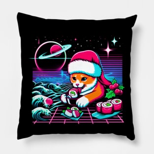 CHRISTMAS CAT EATING SUSHI WAVE JAPANESE Pillow