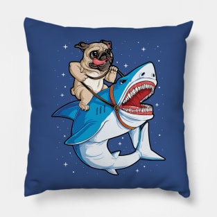 baby pug riding shark Pillow