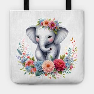 An elephant decorated with beautiful colorful flowers. Tote