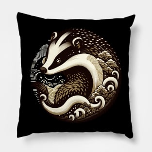 Mujina the Badger - Enigmatic Japanese Folk Art Pillow