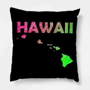 Colorful mandala art map of Hawaii with text in pink and green Pillow
