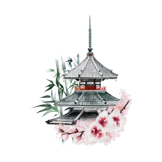 Japanese Painting of Beautiful Pagoda among Cherry Blossoms and Bamboo by KOTOdesign