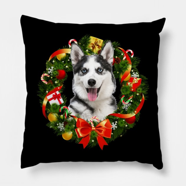 Funny Siberian Husky Christmas Wreath Ornament Pillow by Magazine